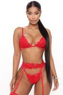Woke Up In New York Lace Garter 3 Piece Set - Red