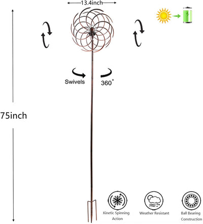 Solar Wind Spinner Improved 360 Degrees Swivel Warm White LED Lighting Glass Ball with Vertical Metal Sculpture Stake