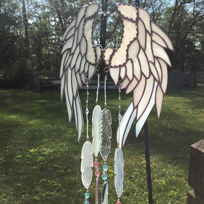 Angelic Feathers Stained Glass Wind Chimes - Handmade Glass Angel Wings