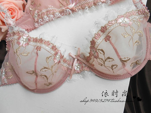 Sweet Embroidery Transparent Lace Bra Set