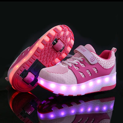 USB Charging Luminous Sneakers with Double wheels for Kids