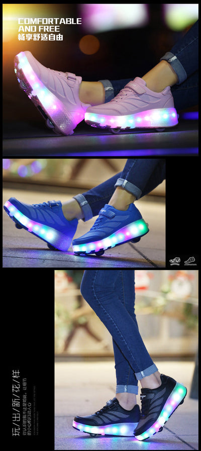 USB Charging Luminous Sneakers with Double wheels for Kids